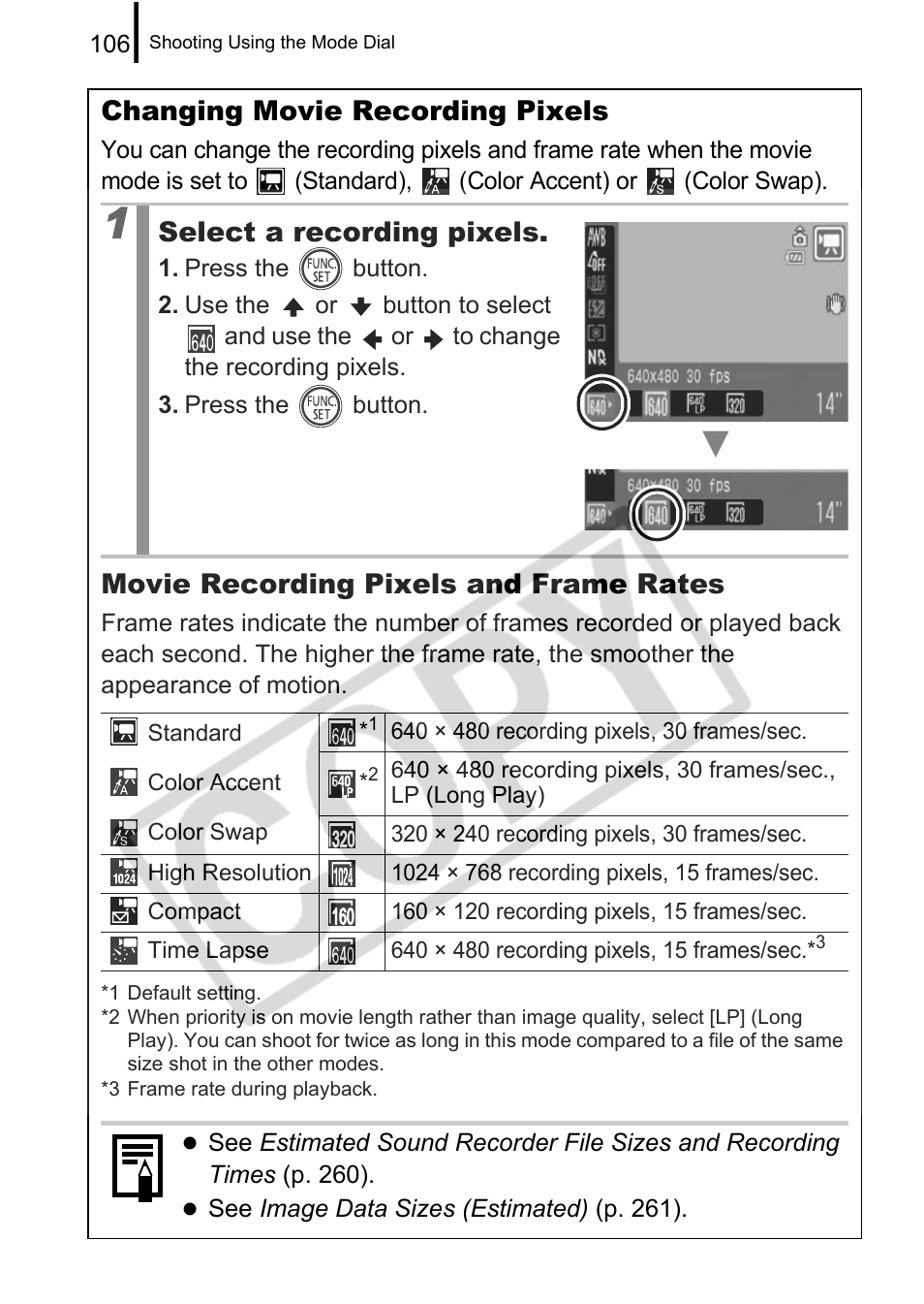 Changing movie recording pixels, Select a recording pixels, Movie recording pixels and frame rates | Canon PowerShot G9 User Manual | Page 108 / 275