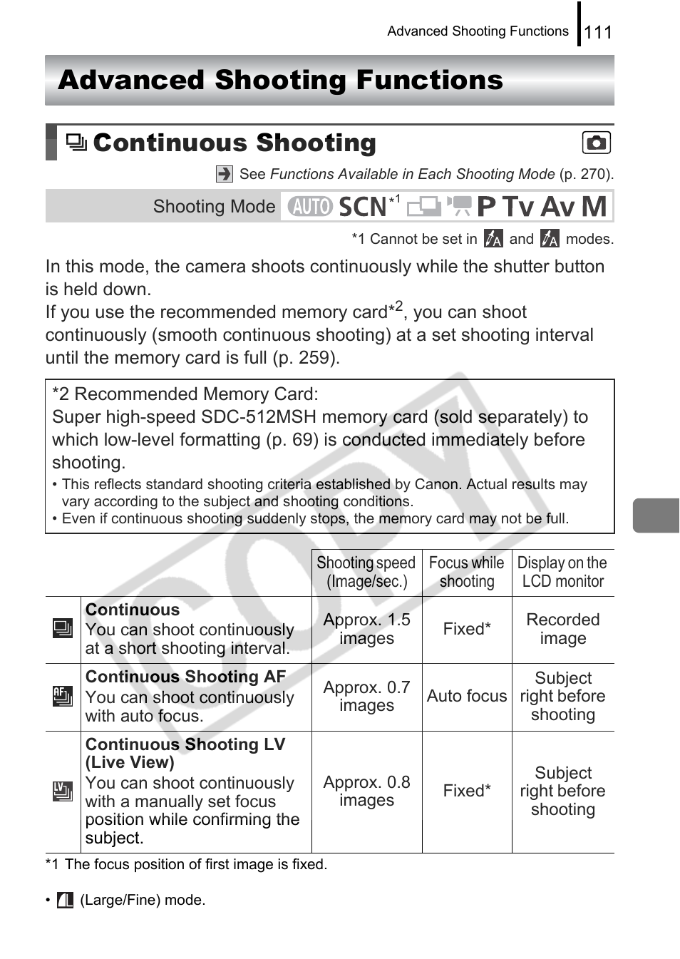 Advanced shooting functions, Continuous shooting | Canon PowerShot G9 User Manual | Page 113 / 275