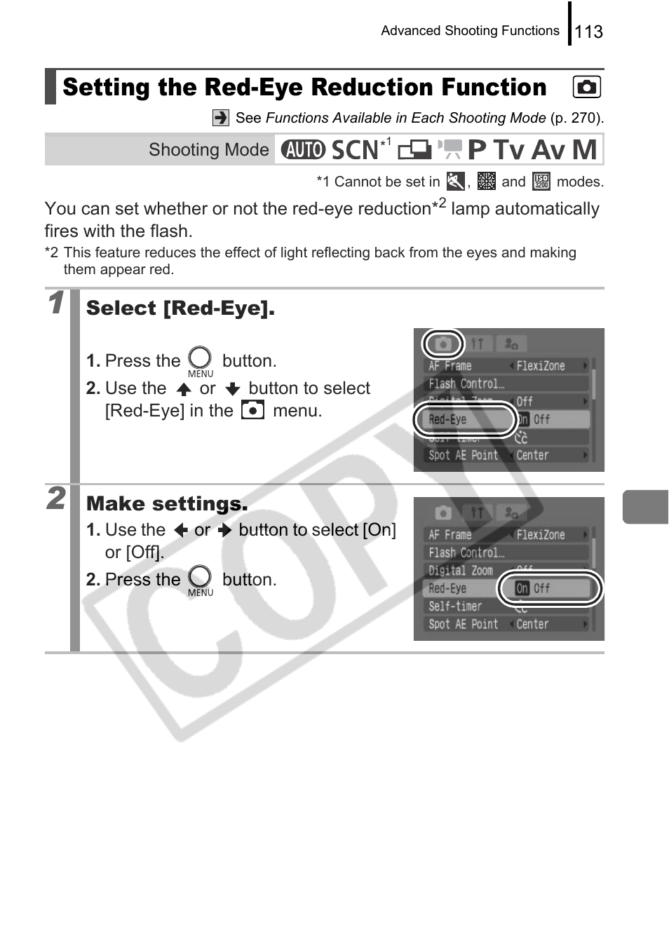 Setting the red-eye reduction function, Select [red-eye, Make settings | Canon PowerShot G9 User Manual | Page 115 / 275