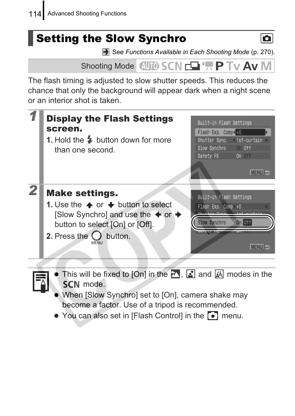 Setting the slow synchro | Canon PowerShot G9 User Manual | Page 116 / 275
