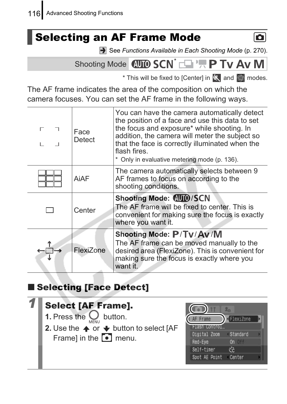 Selecting an af frame mode, Selecting [face detect, Select [af frame | Canon PowerShot G9 User Manual | Page 118 / 275