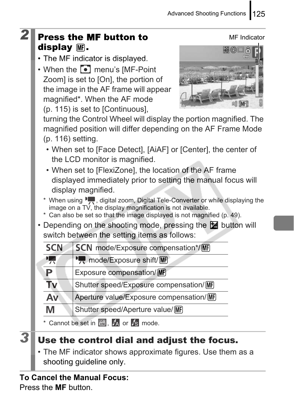 Press the mf button to display, Use the control dial and adjust the focus | Canon PowerShot G9 User Manual | Page 127 / 275