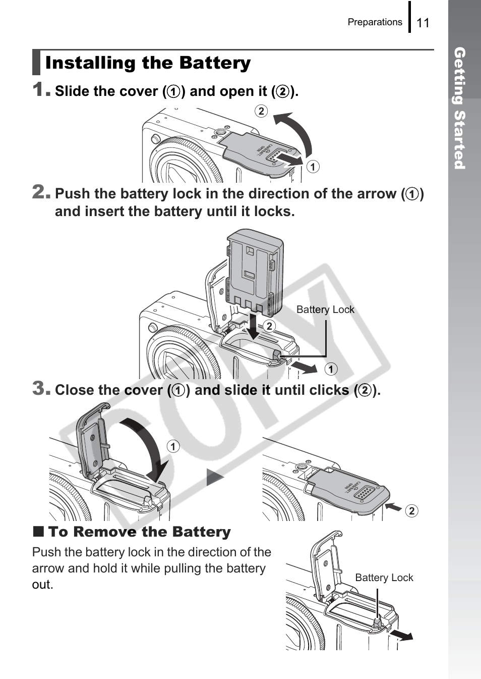 Installing the battery | Canon PowerShot G9 User Manual | Page 13 / 275