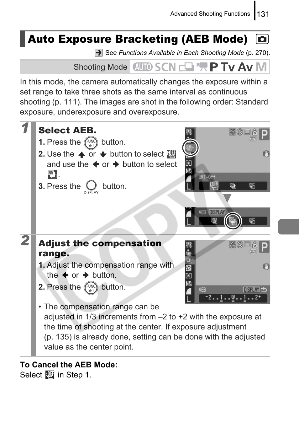 Auto exposure bracketing (aeb mode) | Canon PowerShot G9 User Manual | Page 133 / 275