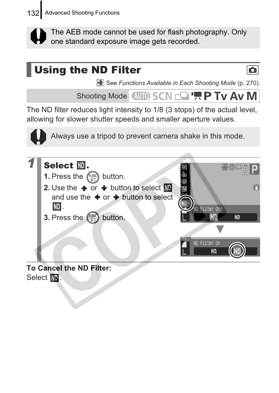 Using the nd filter | Canon PowerShot G9 User Manual | Page 134 / 275