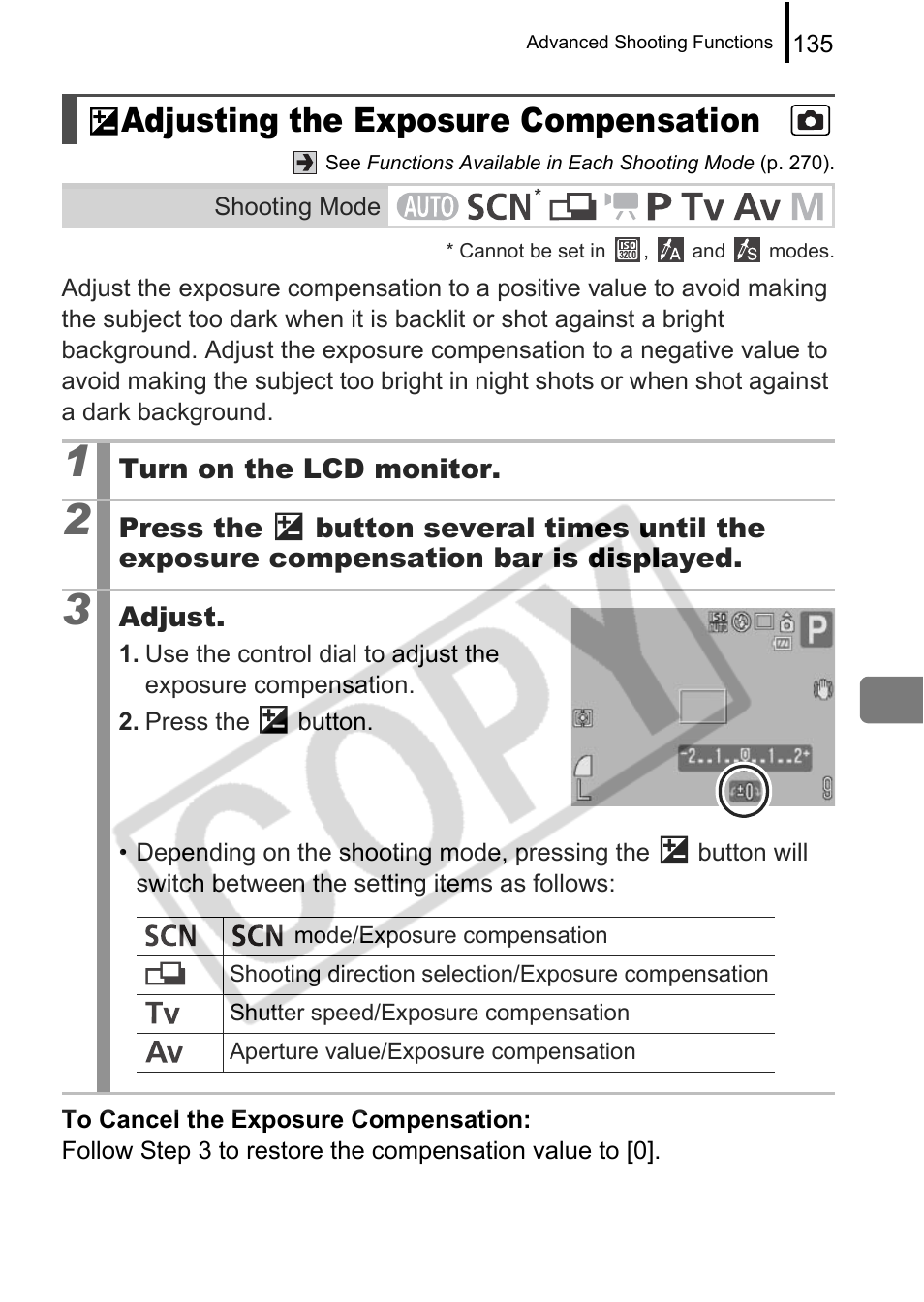 Adjusting the exposure compensation | Canon PowerShot G9 User Manual | Page 137 / 275