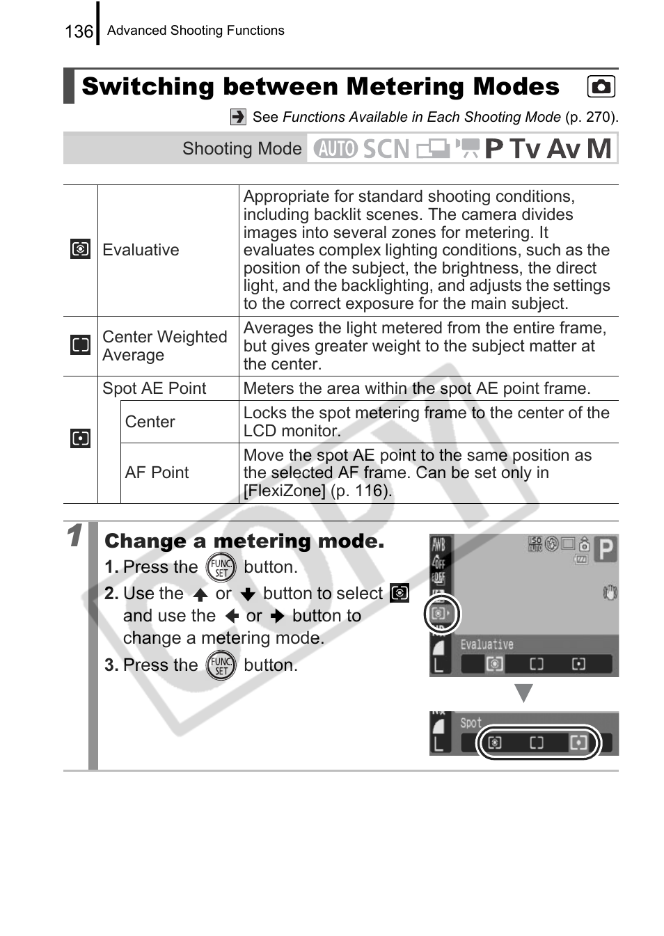 Switching between metering modes, Change a metering mode | Canon PowerShot G9 User Manual | Page 138 / 275