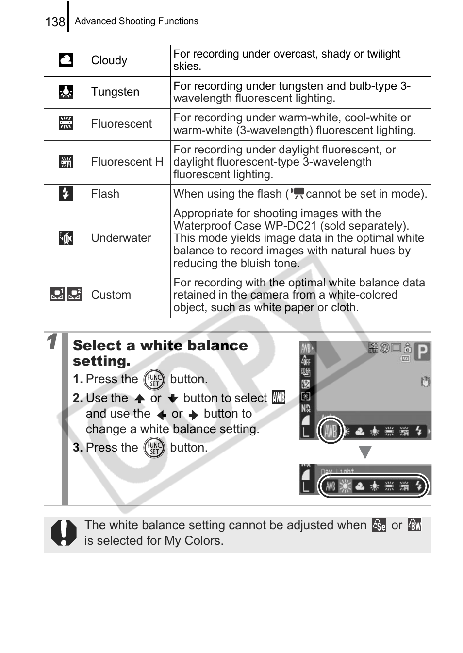 Select a white balance setting | Canon PowerShot G9 User Manual | Page 140 / 275