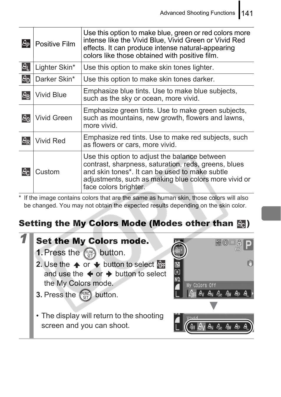 Setting the my colors mode (modes other than ), Set the my colors mode. 1. press the button | Canon PowerShot G9 User Manual | Page 143 / 275