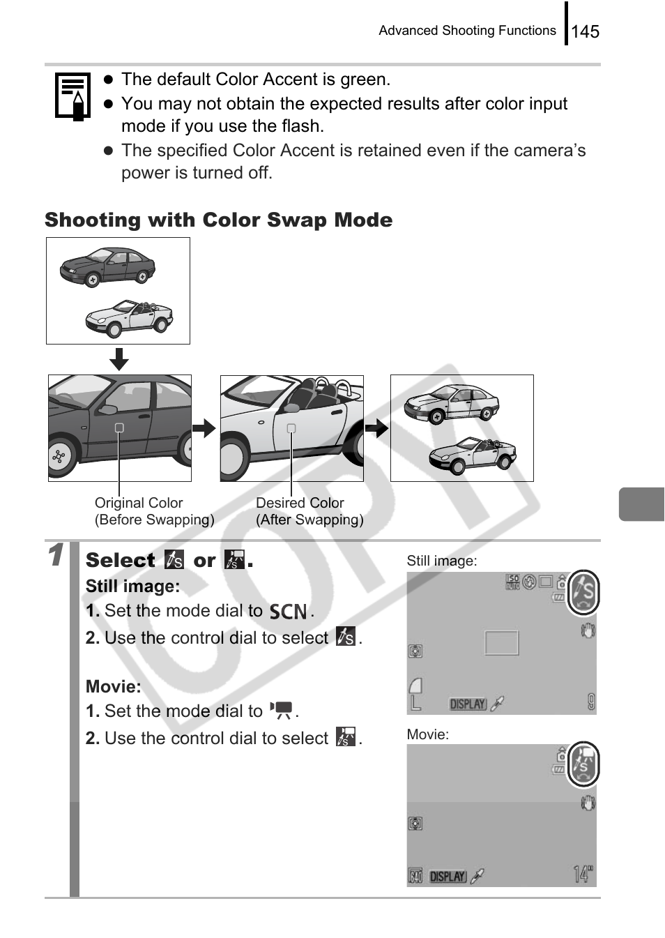 Shooting with color swap mode, Select or | Canon PowerShot G9 User Manual | Page 147 / 275