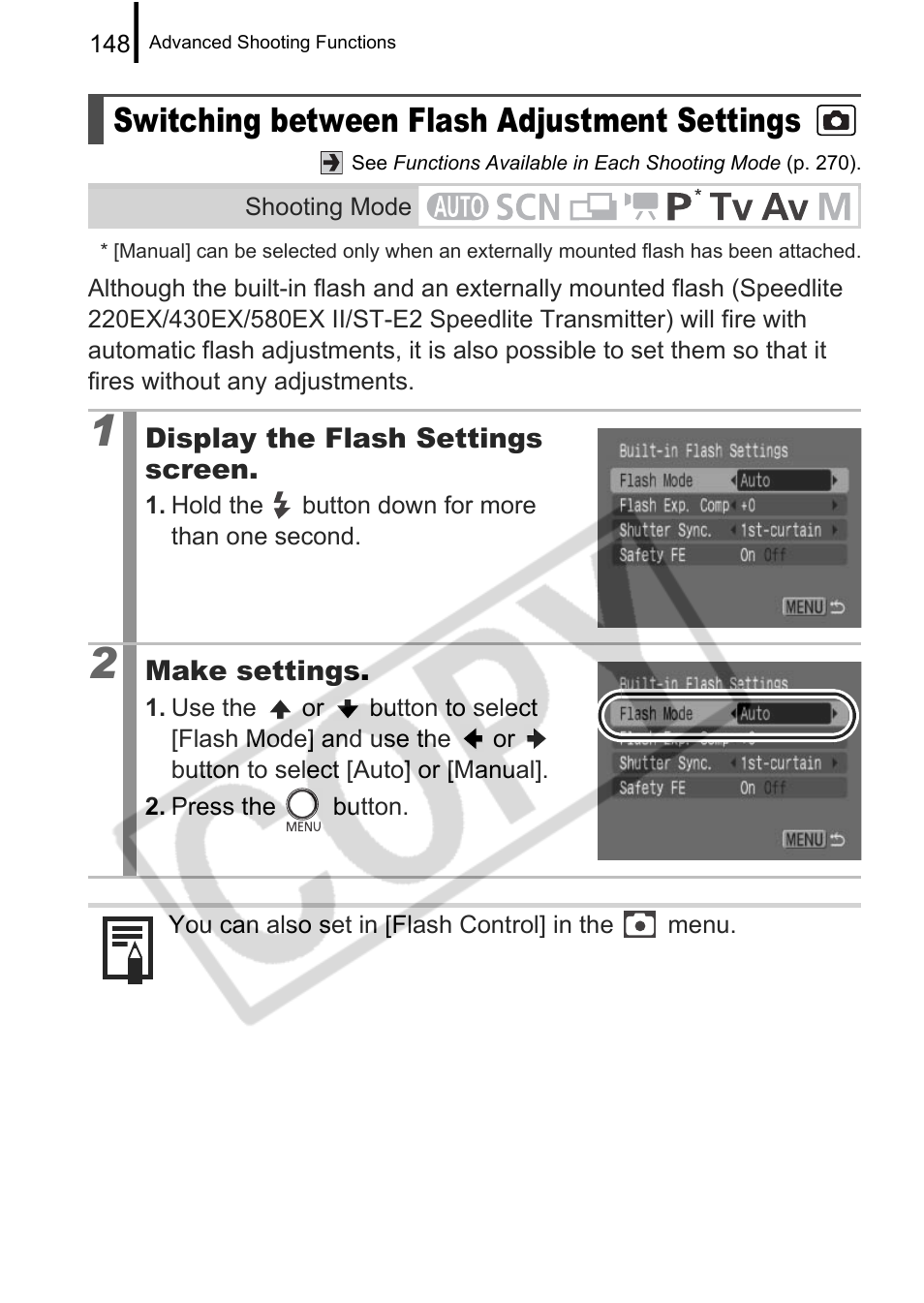 Switching between flash adjustment settings | Canon PowerShot G9 User Manual | Page 150 / 275