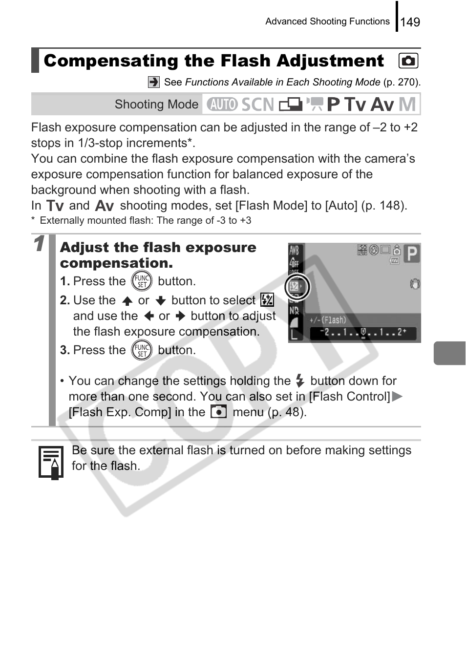 Compensating the flash adjustment | Canon PowerShot G9 User Manual | Page 151 / 275