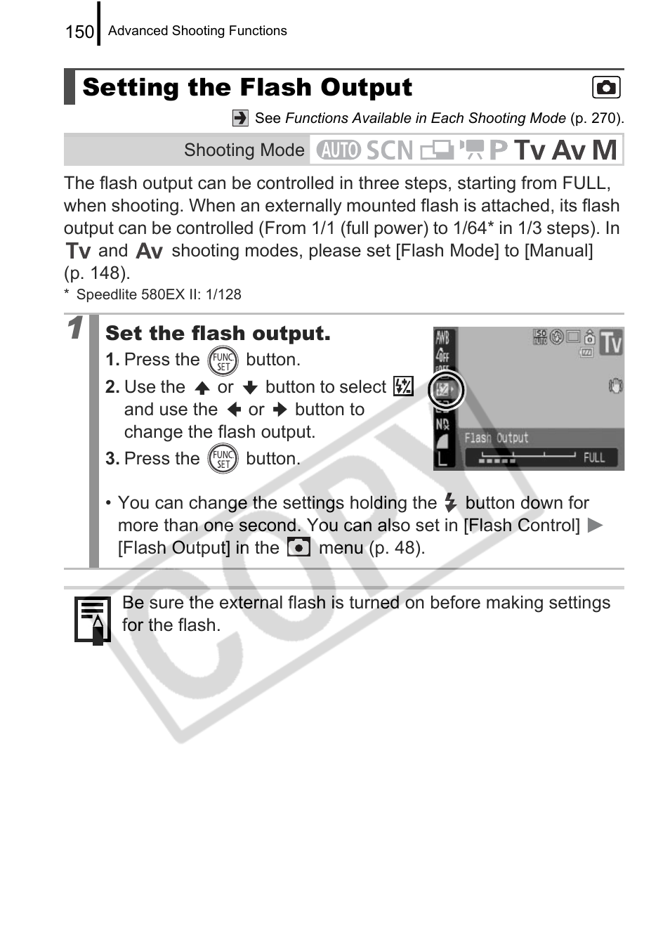 Setting the flash output | Canon PowerShot G9 User Manual | Page 152 / 275