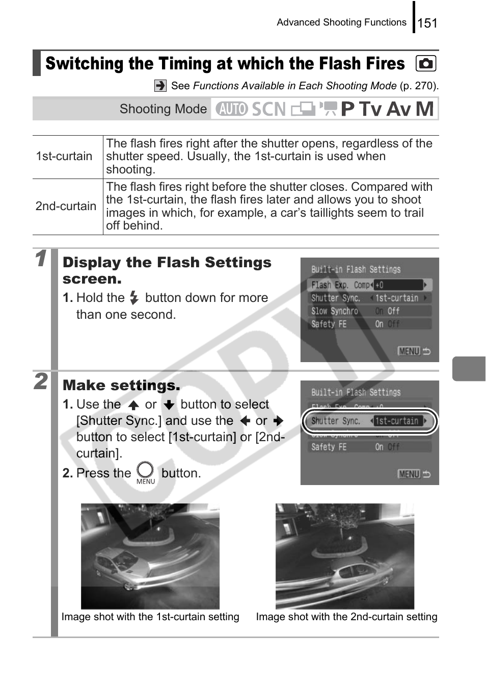 Switching the timing at which the flash fires | Canon PowerShot G9 User Manual | Page 153 / 275