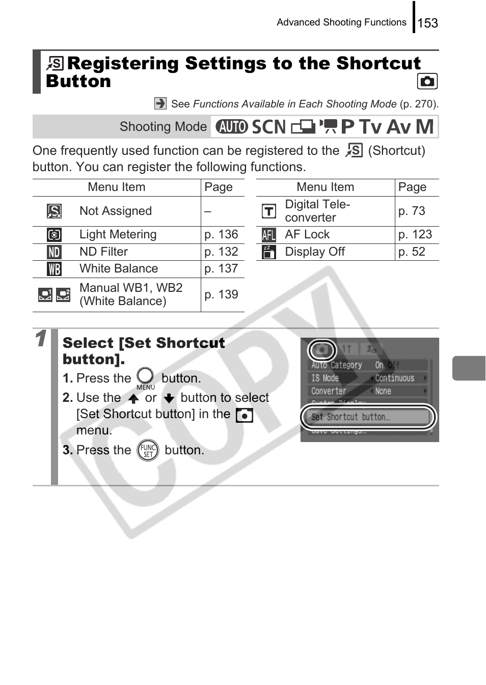 Registering settings to the shortcut button, Select [set shortcut button | Canon PowerShot G9 User Manual | Page 155 / 275