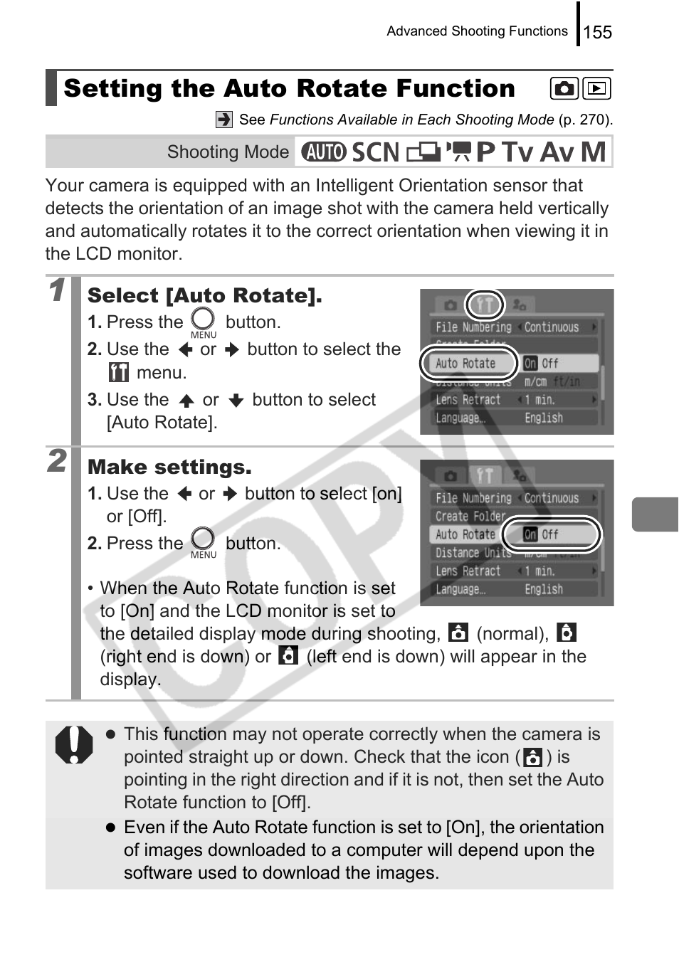 Setting the auto rotate function | Canon PowerShot G9 User Manual | Page 157 / 275