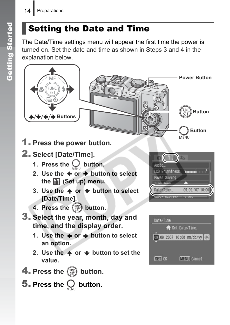 Setting the date and time | Canon PowerShot G9 User Manual | Page 16 / 275