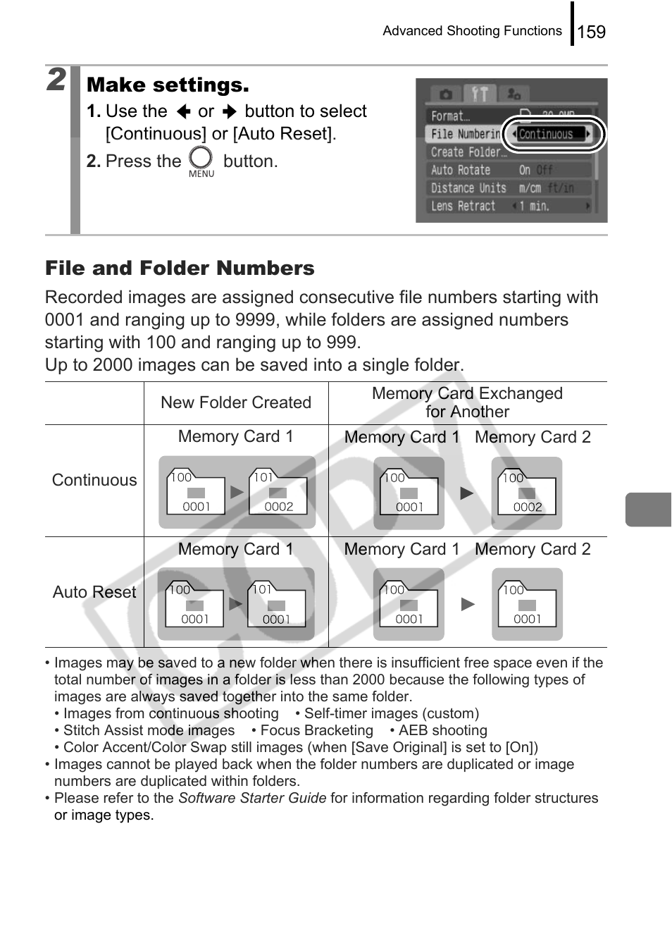 File and folder numbers, Make settings | Canon PowerShot G9 User Manual | Page 161 / 275