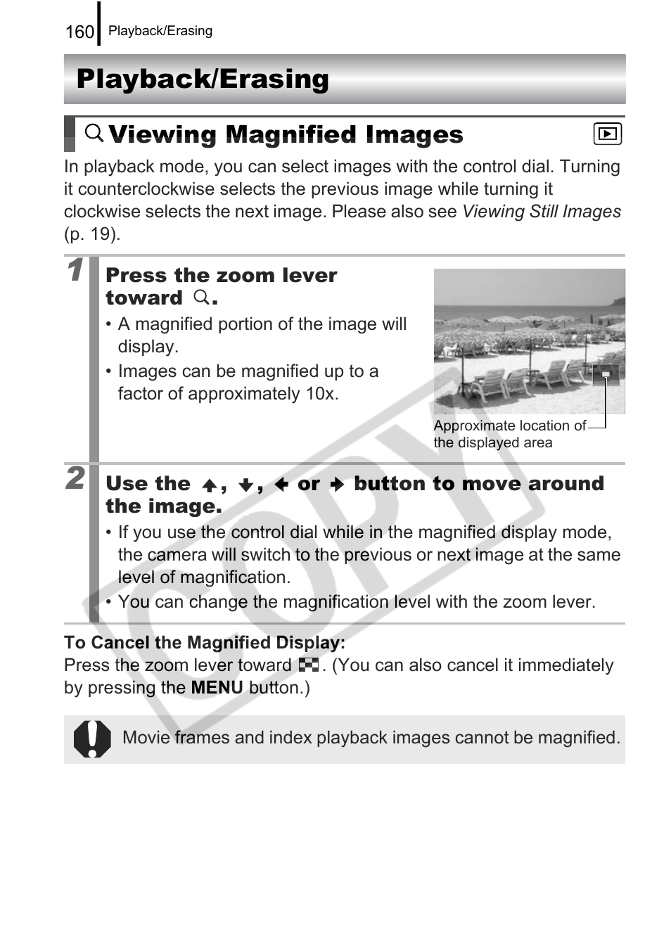 Playback/erasing, Viewing magnified images | Canon PowerShot G9 User Manual | Page 162 / 275