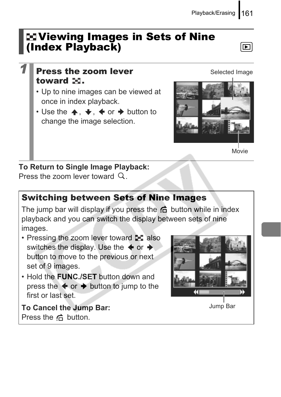 Viewing images in sets of nine (index playback) | Canon PowerShot G9 User Manual | Page 163 / 275