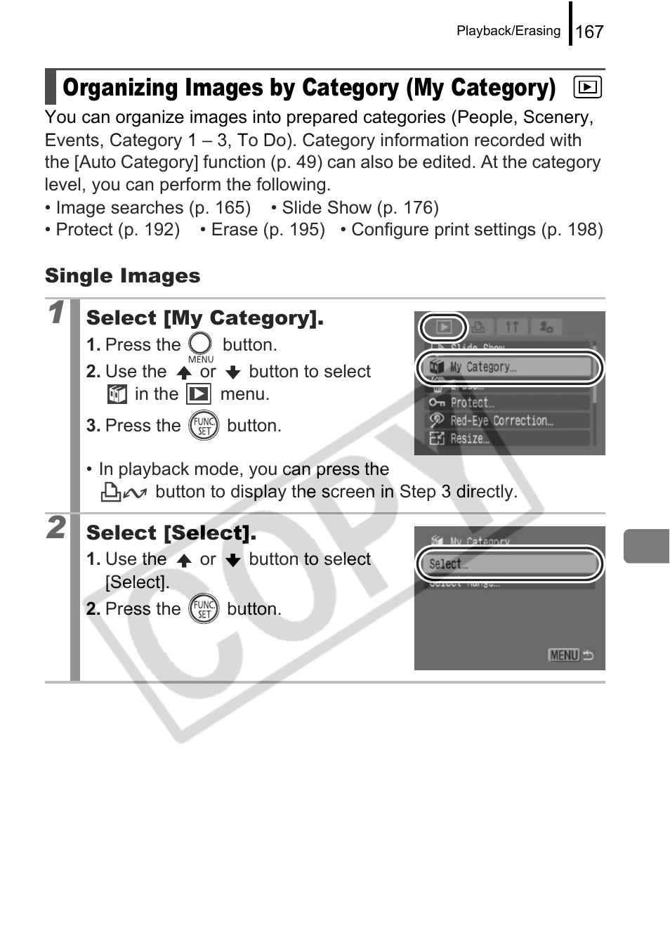 Organizing images by category (my category) | Canon PowerShot G9 User Manual | Page 169 / 275