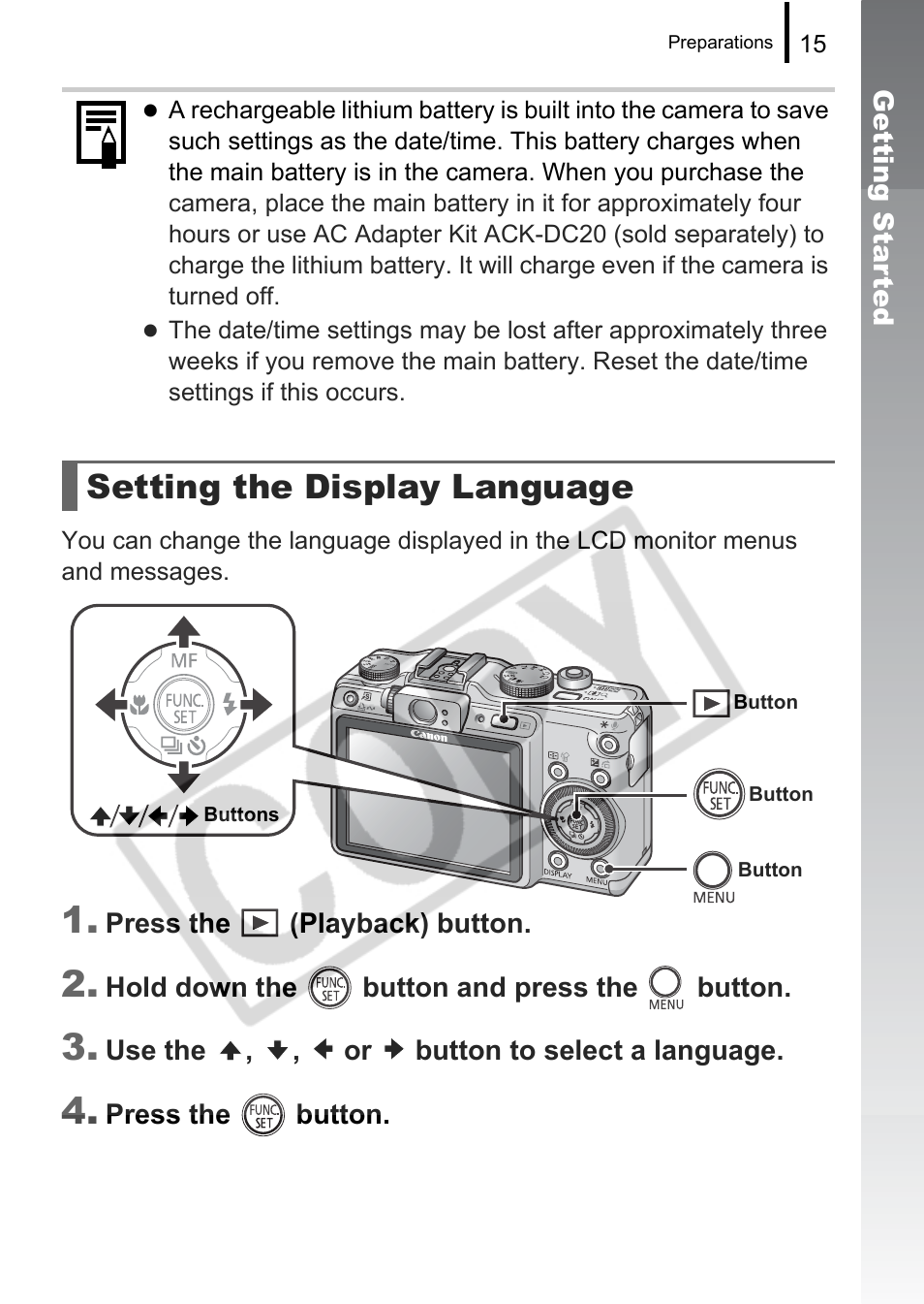 Setting the display language | Canon PowerShot G9 User Manual | Page 17 / 275