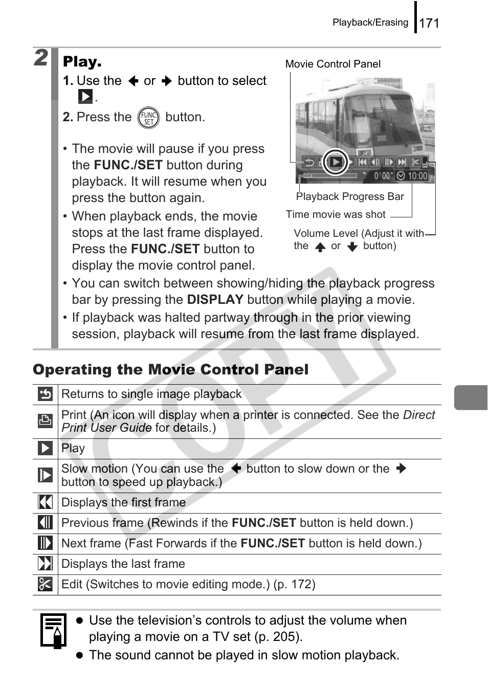 Operating the movie control panel, Play | Canon PowerShot G9 User Manual | Page 173 / 275