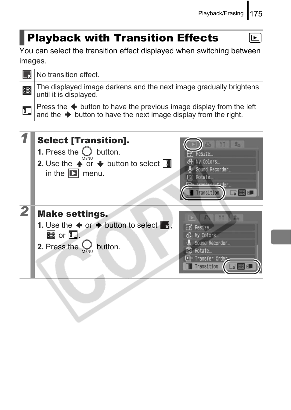 Playback with transition effects | Canon PowerShot G9 User Manual | Page 177 / 275