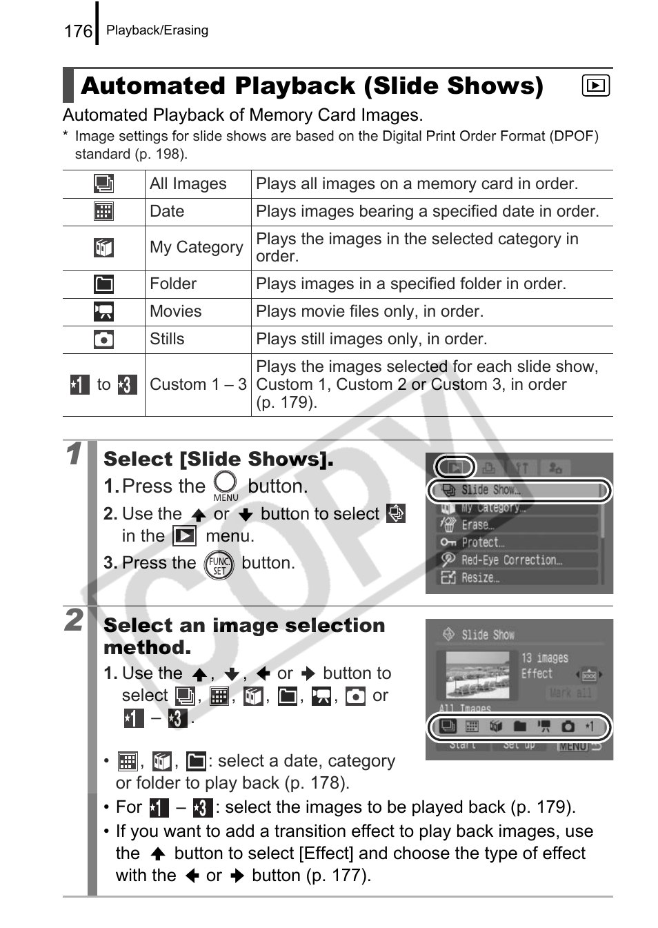 Automated playback (slide shows), Select [slide shows]. 1. press the button, Select an image selection method | Canon PowerShot G9 User Manual | Page 178 / 275
