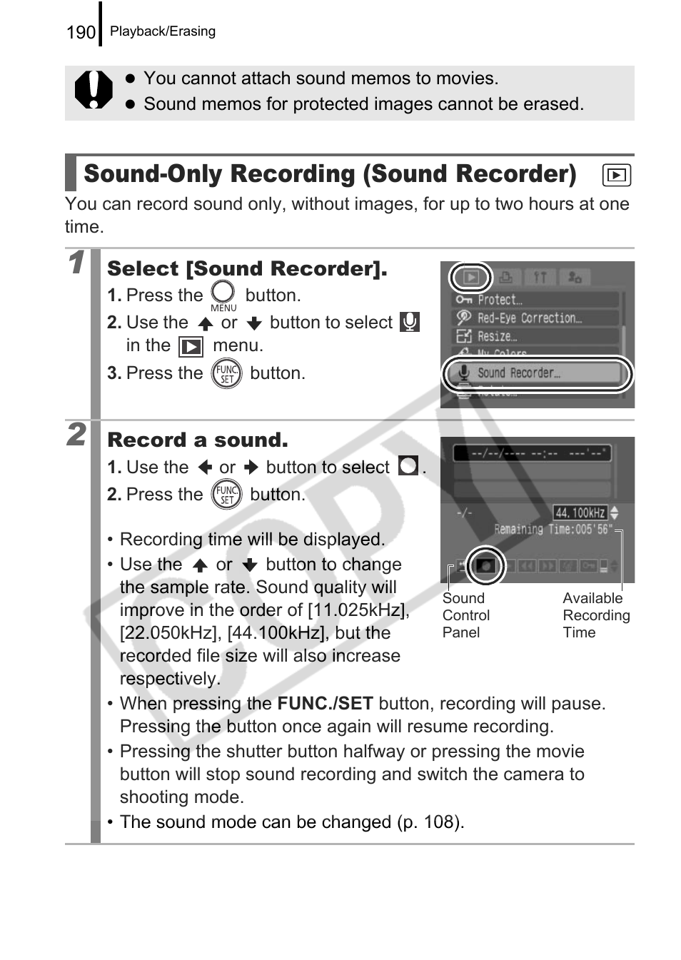 Sound-only recording (sound recorder) | Canon PowerShot G9 User Manual | Page 192 / 275