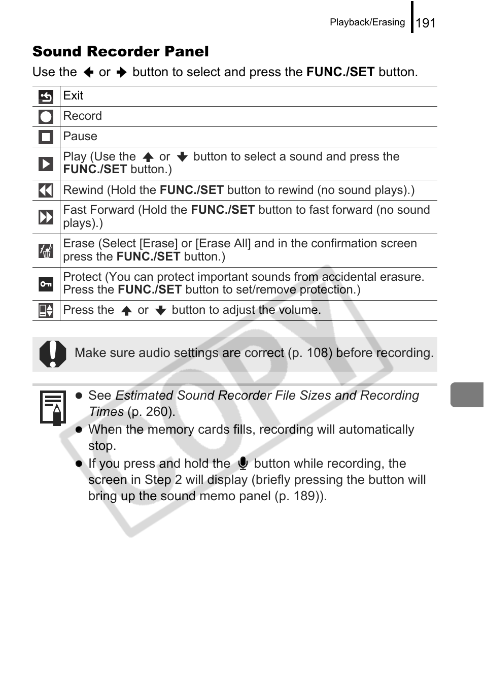 Sound recorder panel | Canon PowerShot G9 User Manual | Page 193 / 275