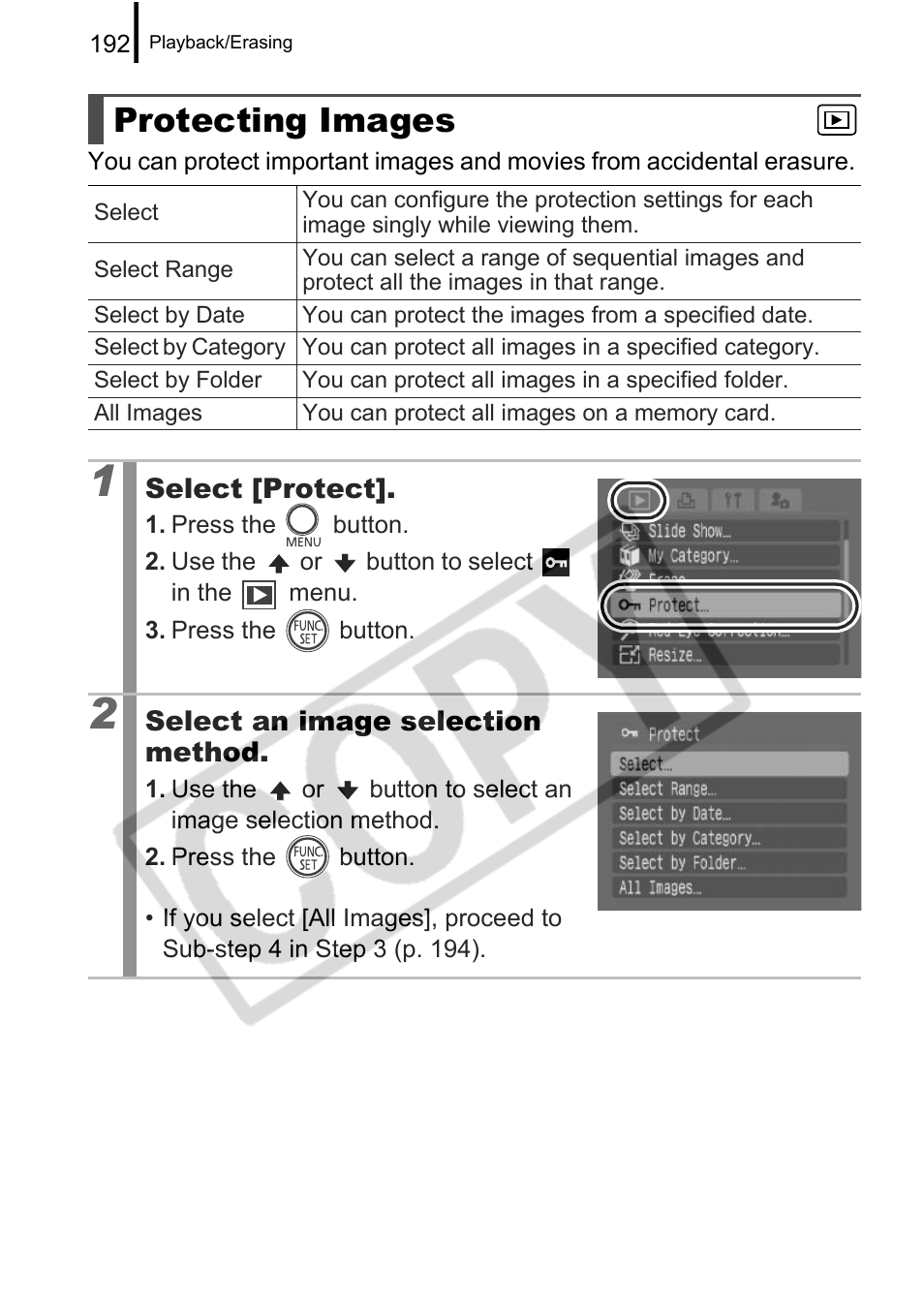 Protecting images | Canon PowerShot G9 User Manual | Page 194 / 275