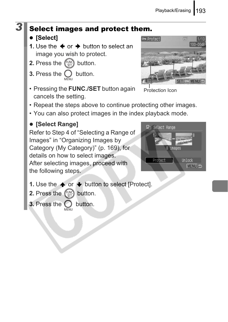 Select images and protect them | Canon PowerShot G9 User Manual | Page 195 / 275