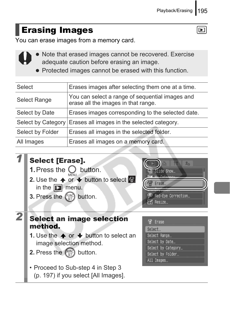 Erasing images | Canon PowerShot G9 User Manual | Page 197 / 275