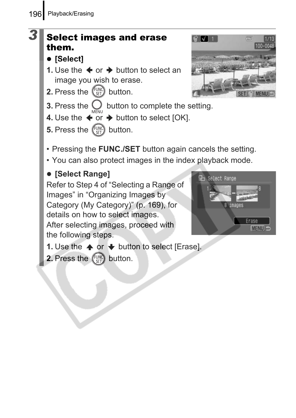 Select images and erase them | Canon PowerShot G9 User Manual | Page 198 / 275