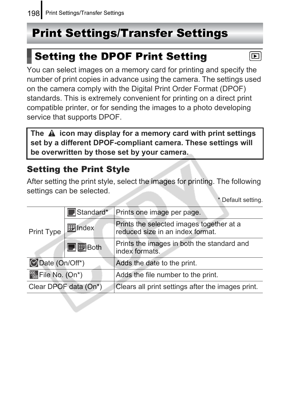 Print settings/transfer settings, Setting the dpof print setting, Setting the print style | Canon PowerShot G9 User Manual | Page 200 / 275