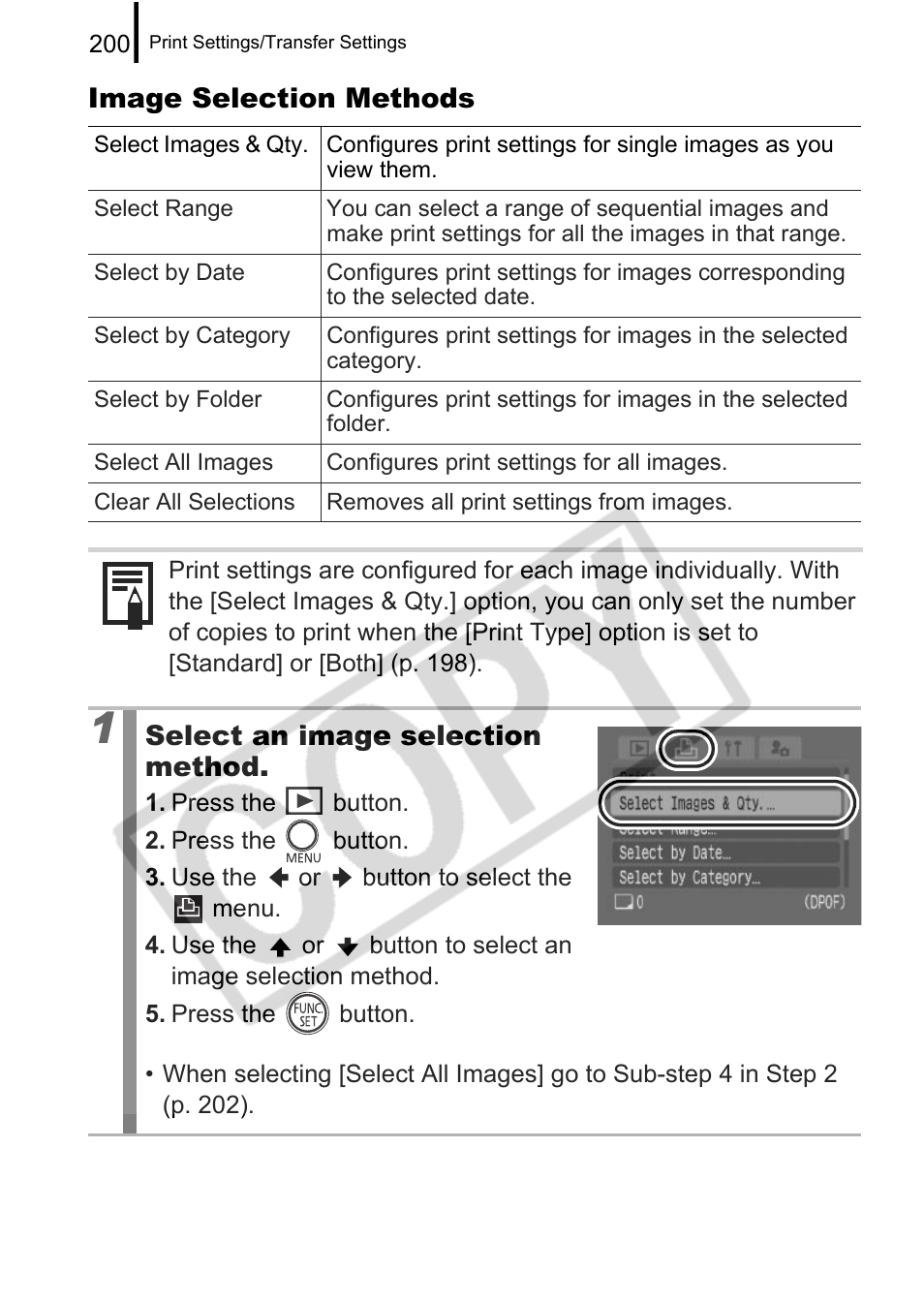 Image selection methods, Select an image selection method | Canon PowerShot G9 User Manual | Page 202 / 275