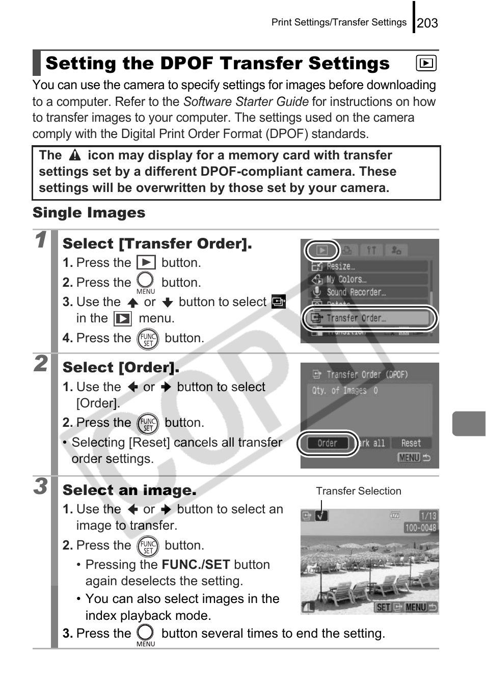 Setting the dpof transfer settings | Canon PowerShot G9 User Manual | Page 205 / 275