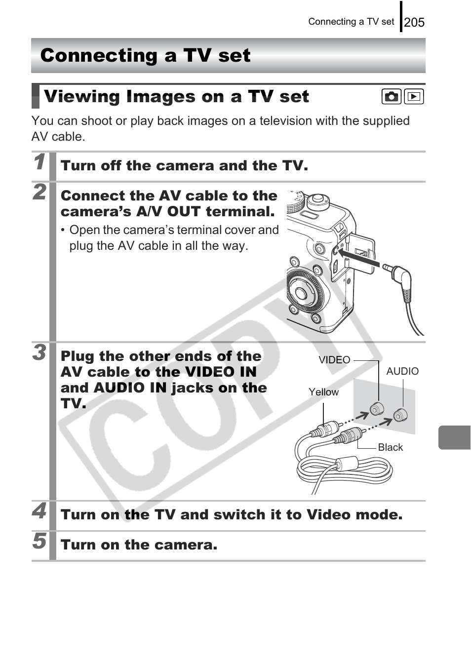 Connecting a tv set, Viewing images on a tv set | Canon PowerShot G9 User Manual | Page 207 / 275