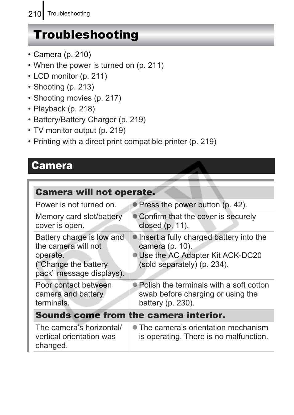 Troubleshooting, Camera | Canon PowerShot G9 User Manual | Page 212 / 275