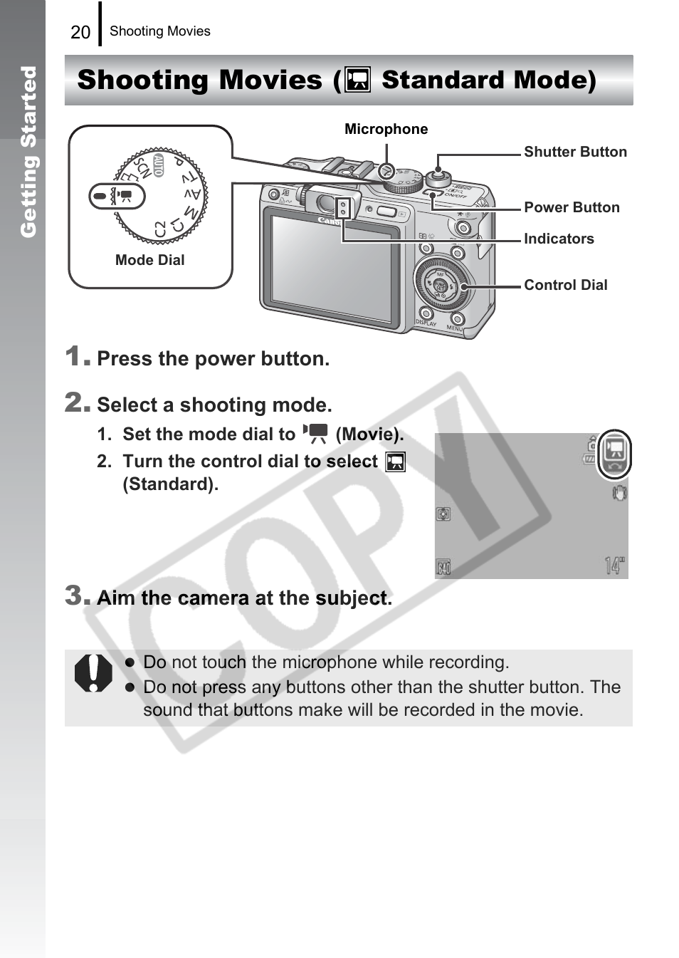 Shooting movies 1, Standard mode) | Canon PowerShot G9 User Manual | Page 22 / 275