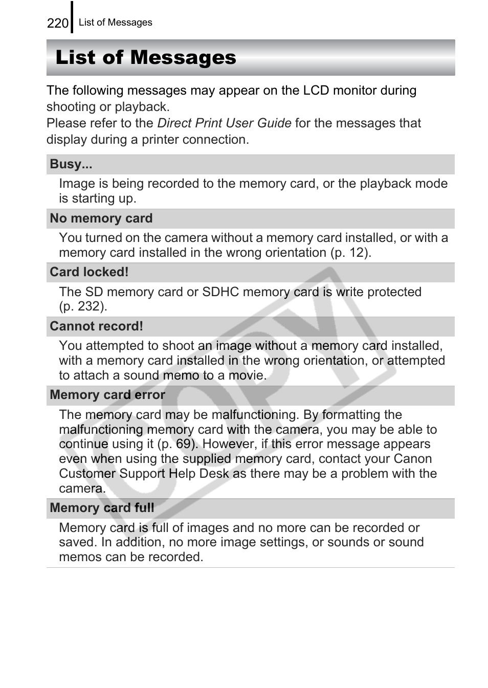 List of messages | Canon PowerShot G9 User Manual | Page 222 / 275