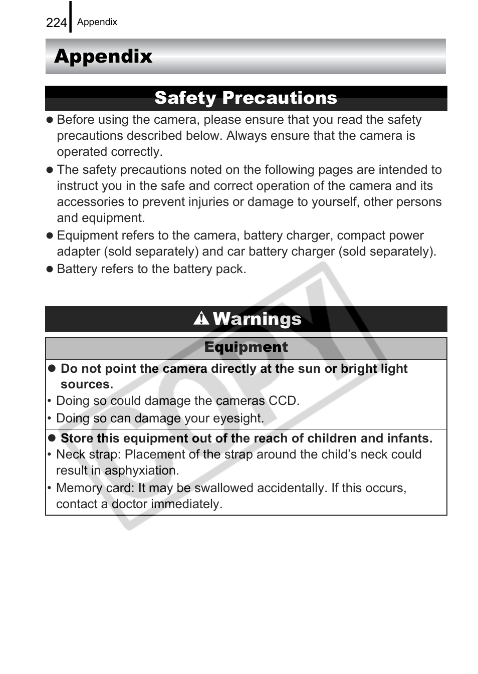 Appendix, Safety precautions warnings | Canon PowerShot G9 User Manual | Page 226 / 275