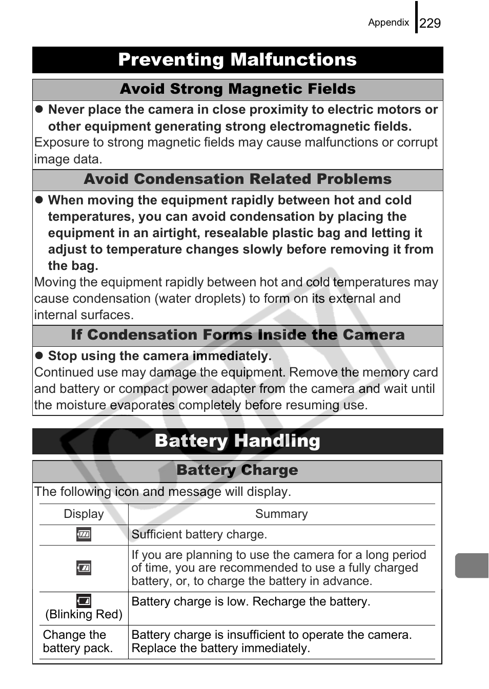 Preventing malfunctions, Battery handling | Canon PowerShot G9 User Manual | Page 231 / 275