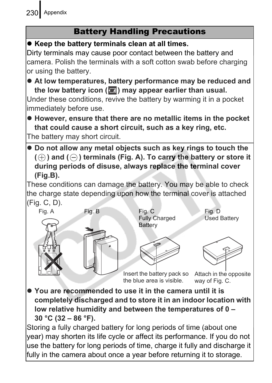 Battery handling precautions | Canon PowerShot G9 User Manual | Page 232 / 275