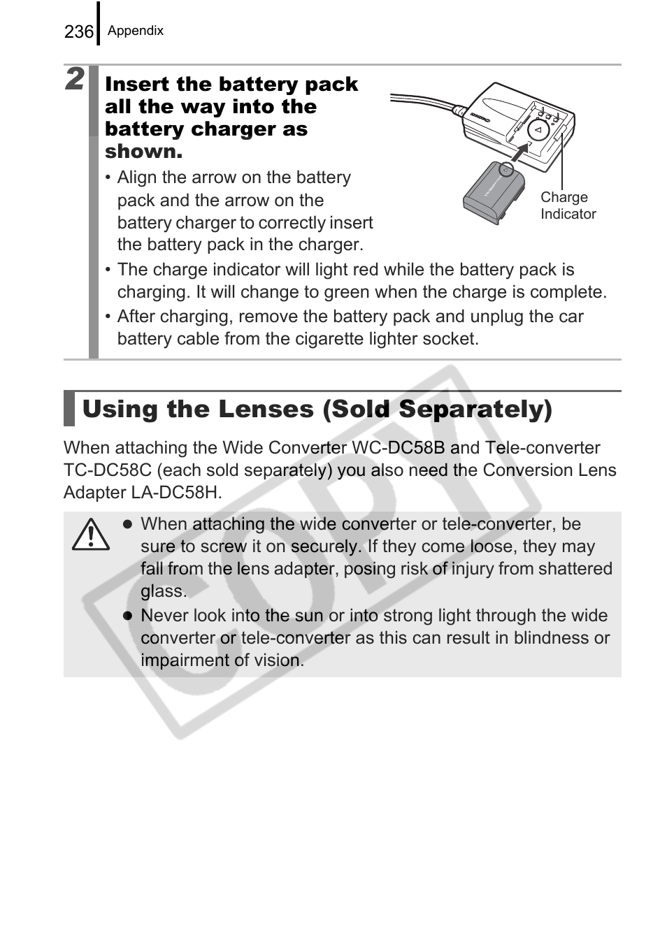 Using the lenses (sold separately) | Canon PowerShot G9 User Manual | Page 238 / 275