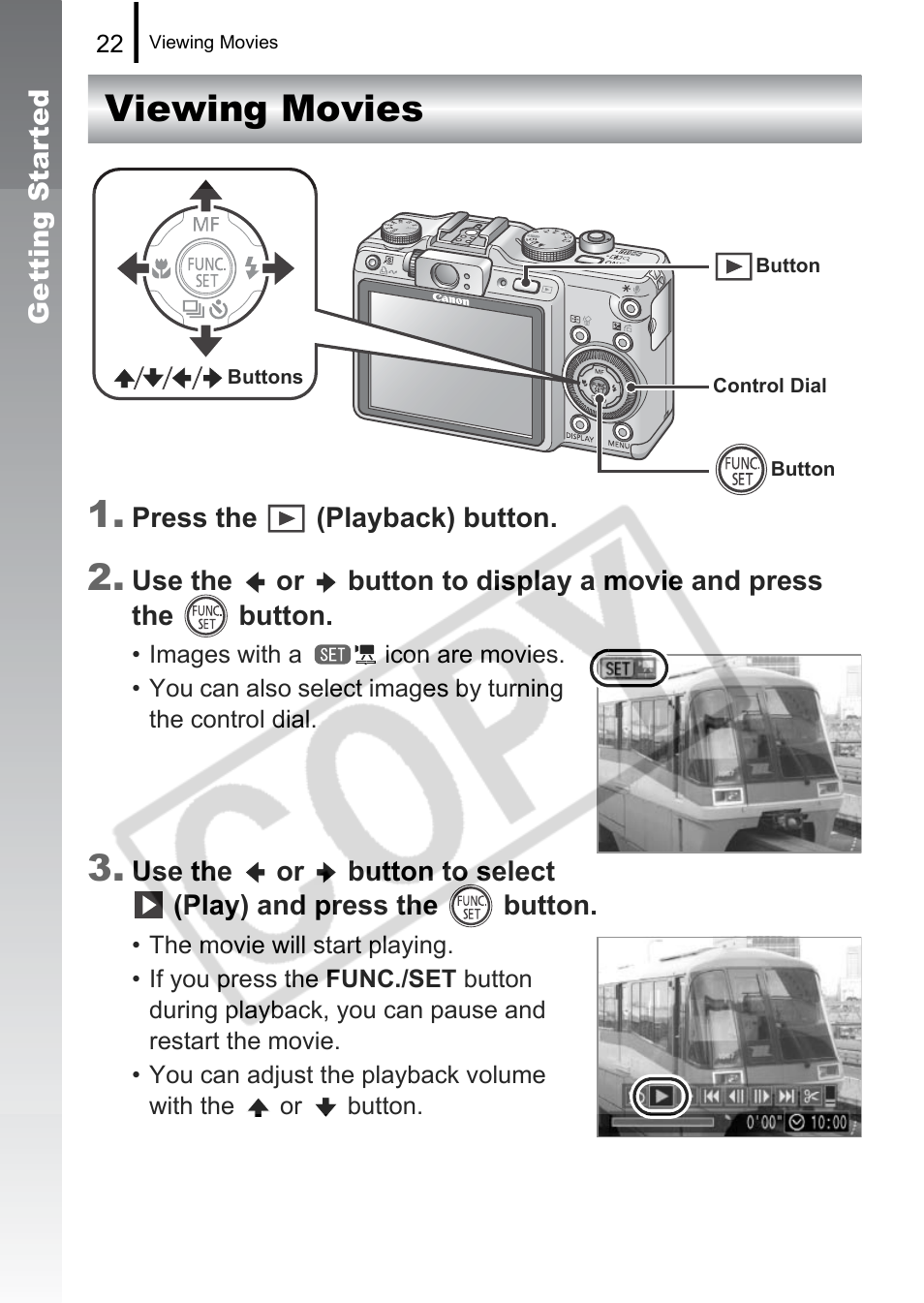 Viewing movies 1 | Canon PowerShot G9 User Manual | Page 24 / 275