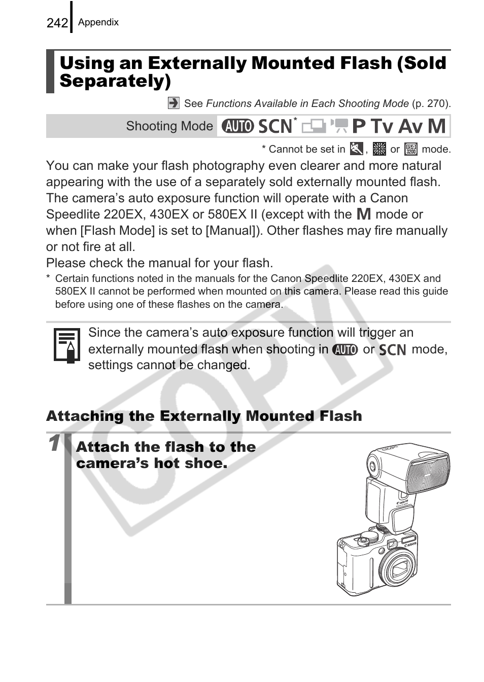 Attaching the externally mounted flash, Attach the flash to the camera’s hot shoe | Canon PowerShot G9 User Manual | Page 244 / 275