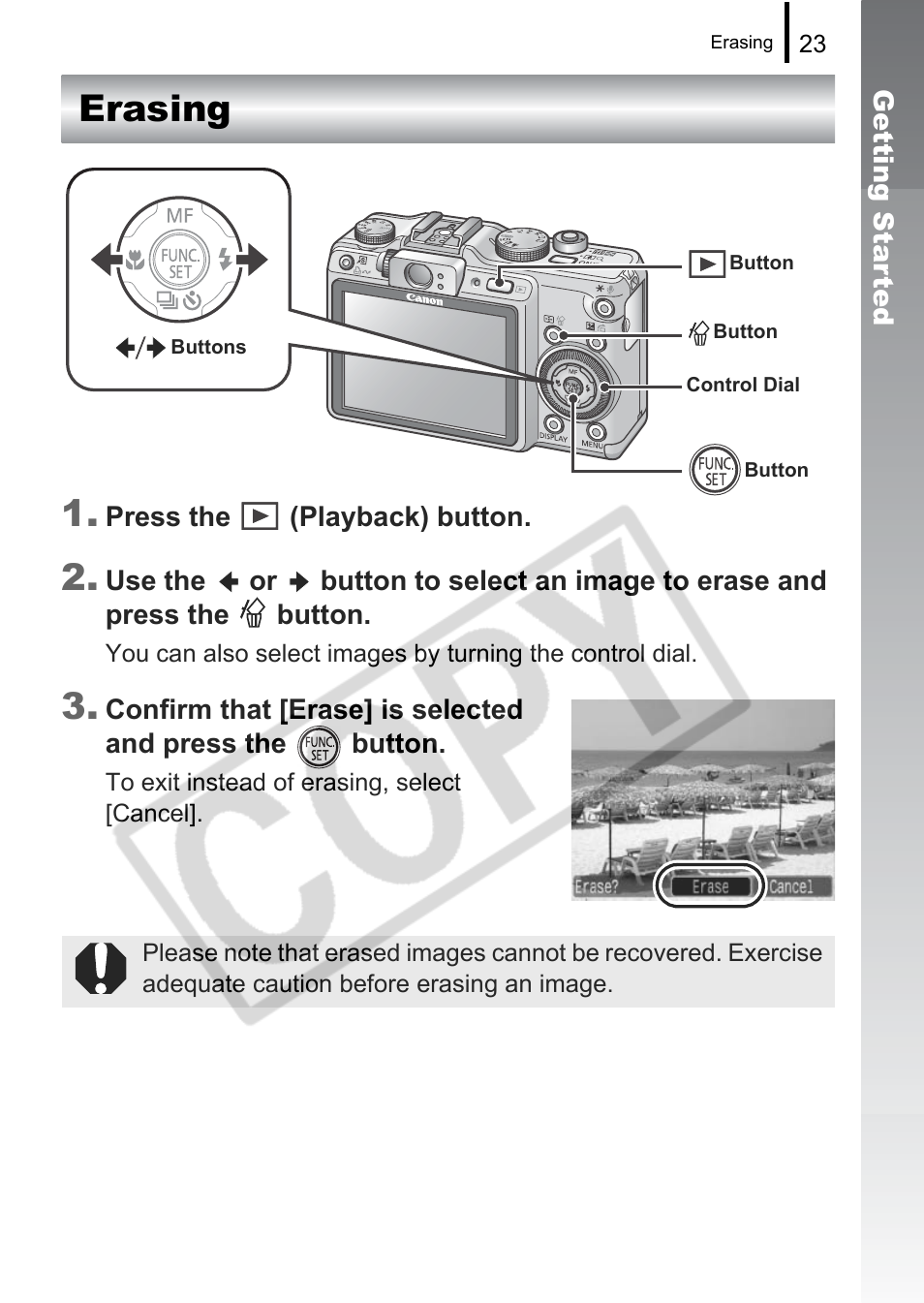 Erasing 1 | Canon PowerShot G9 User Manual | Page 25 / 275