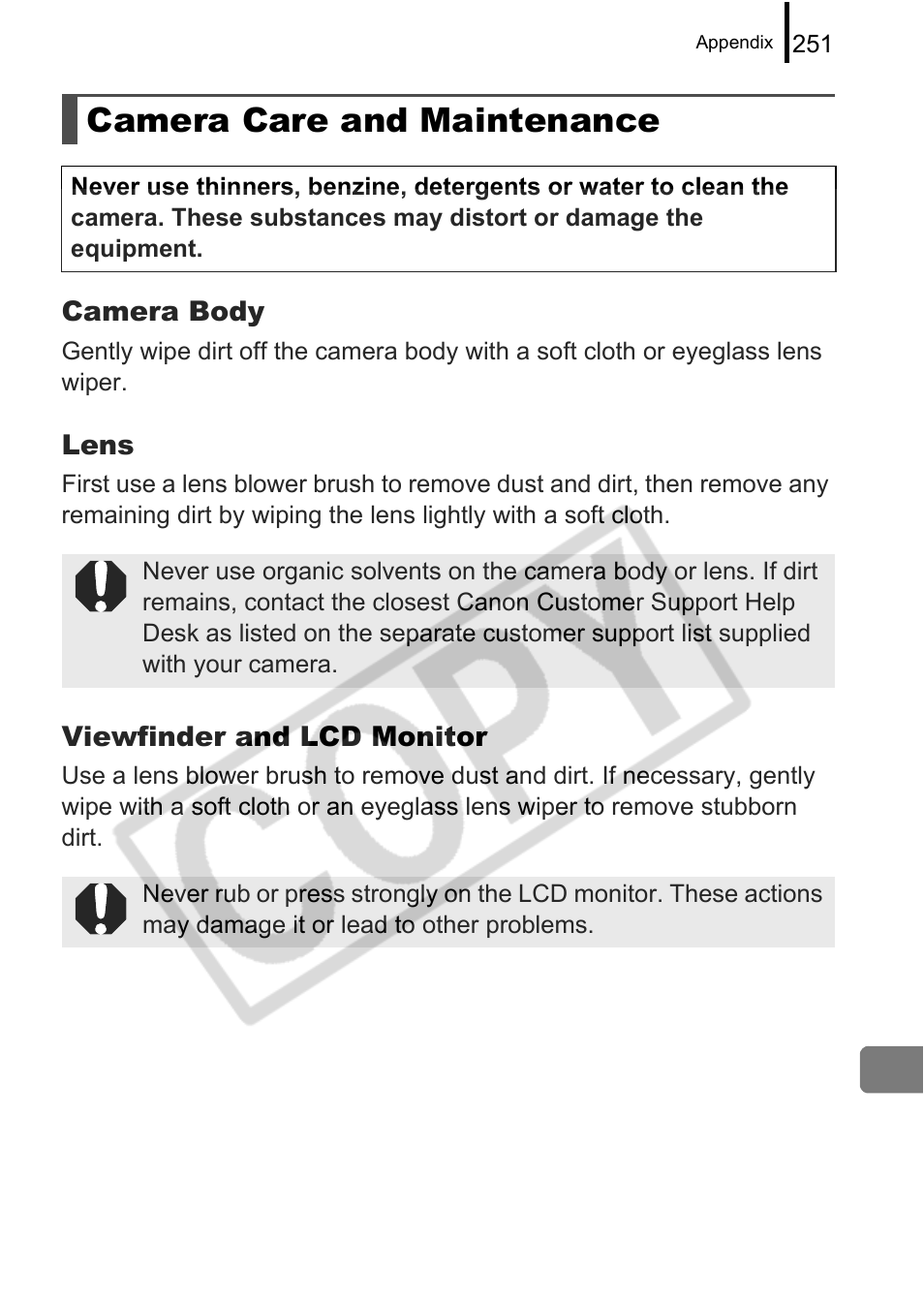 Camera care and maintenance | Canon PowerShot G9 User Manual | Page 253 / 275